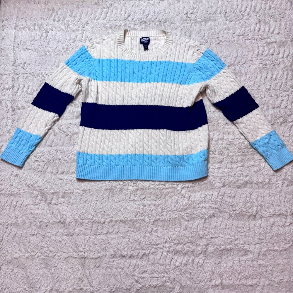 Vintage Lands’ End Striped Cable Knit Sweater Women’s Medium White Blue costal